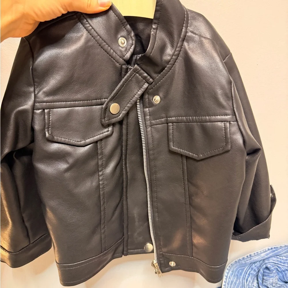 Kids Black Faux Leather Biker Jacket! NWOT 12-18 m